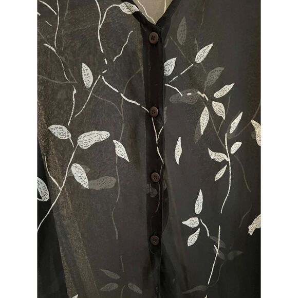 2X Black and White Leaf Vine Shift Dress Sheer Chiffon Button Up Flowy Boho - Picture 2 of 10